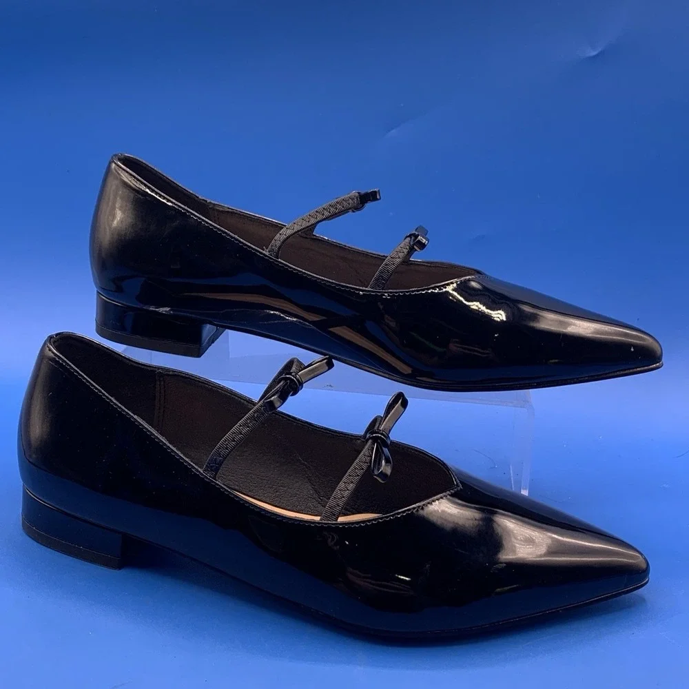 Lovirs Women's Black Double Bow Pointed Toe Faux Patent Leather Flats - Size 10